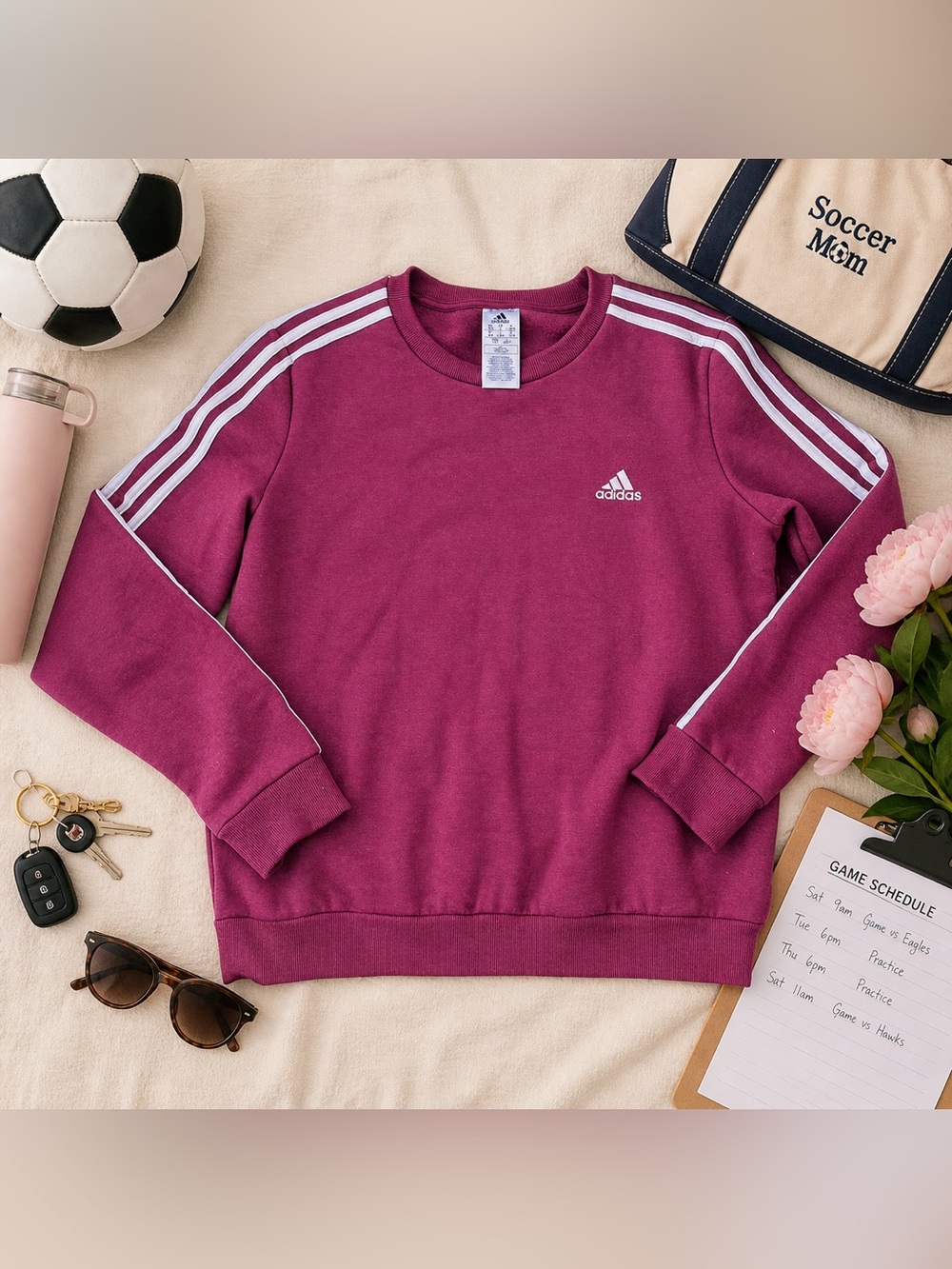 Adidas Women's Maroon Crewneck Sweatshirt with Signature Stripes Size L